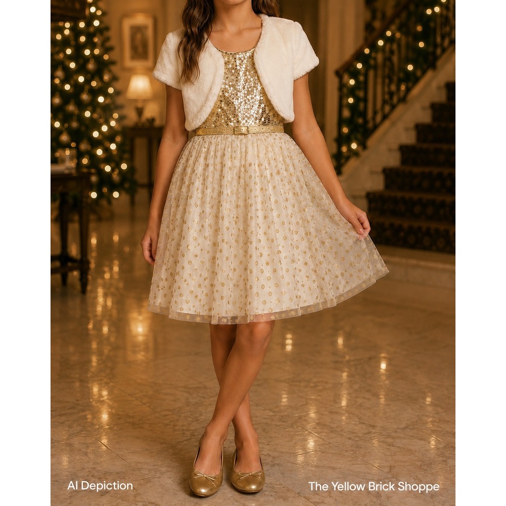 Knit Works Girls Gold Sequin Tulle Dress and Faux Fur Shrug Set Size 16 Cream